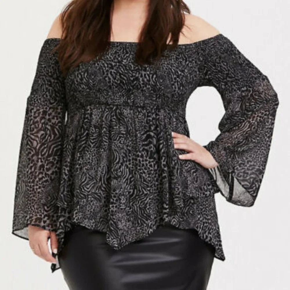 NWT Torrid Animal Print Off Shoulder Babydoll Tunic Top Plus Size 2X HW9871 - Picture 1 of 12